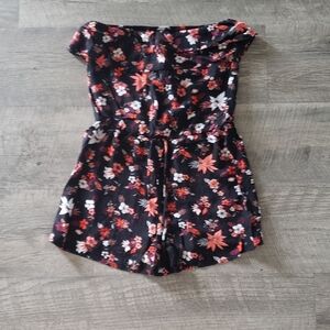 Mossimo Black and Orange Floral Strapless Ruffle Romper.
